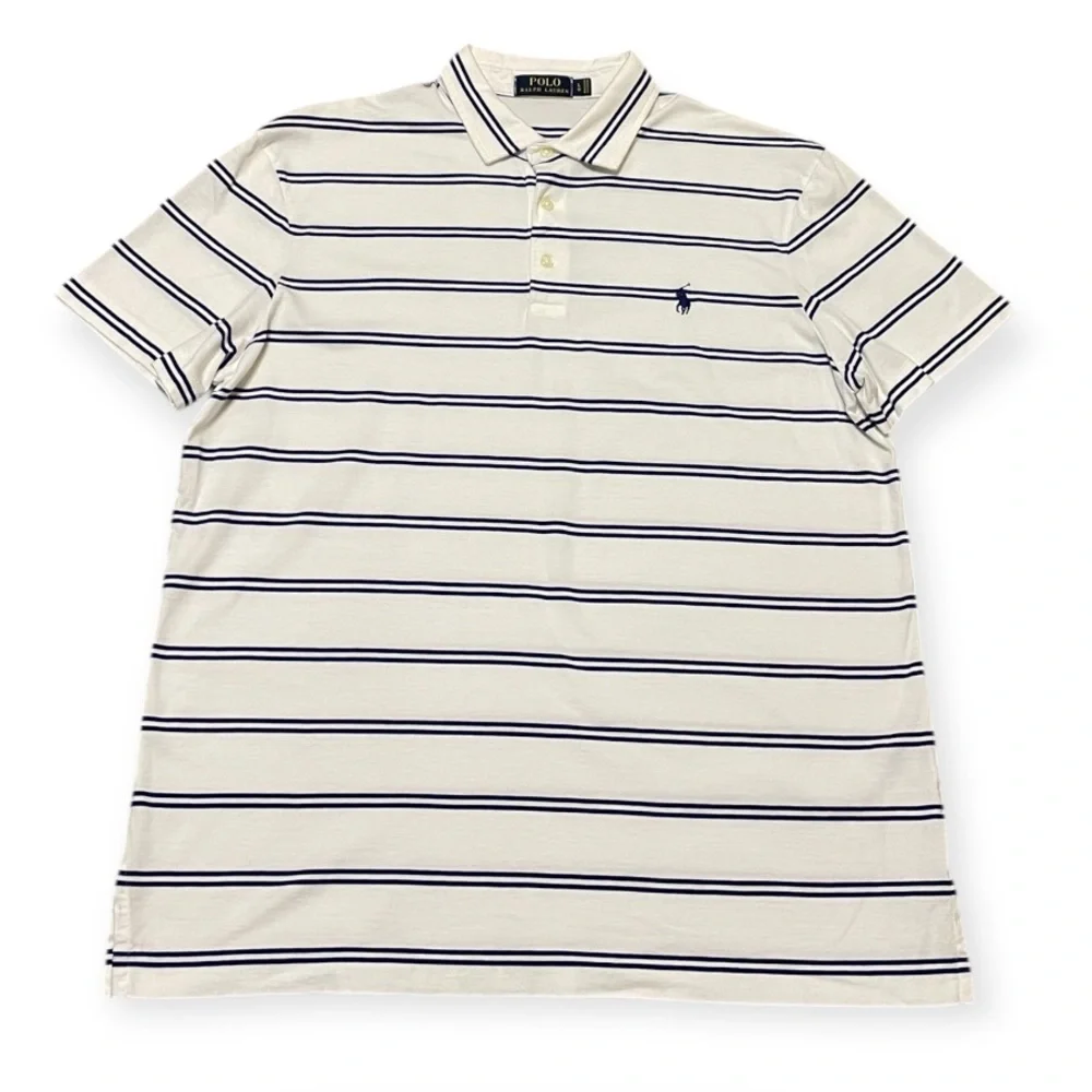 Men's Polo Ralph Lauren Pima Cotton Striped Polo Shirt White Blue Pony Size L